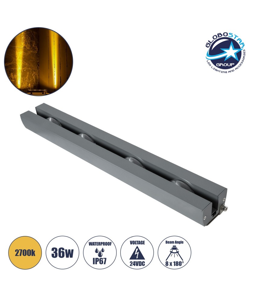 GLOBOSTAR® WINDOWARTE 90723 Φωτιστικό Ανάδειξης Παραθύρων LED 36W 3240lm 8°x180° DC 24V Αδιάβροχο IP67 Θερμό Λευκό 2700K Dimmable - CREE XPE Chip - Γκρι Ανθρακί - Μ50 x Π7 x Υ4.5cm - 3 Χρόνια Εγγύηση